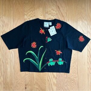 NWT VTG Michael Simon Lite Black Button Up Top Frogs Flowers 100% Cotton Beads L